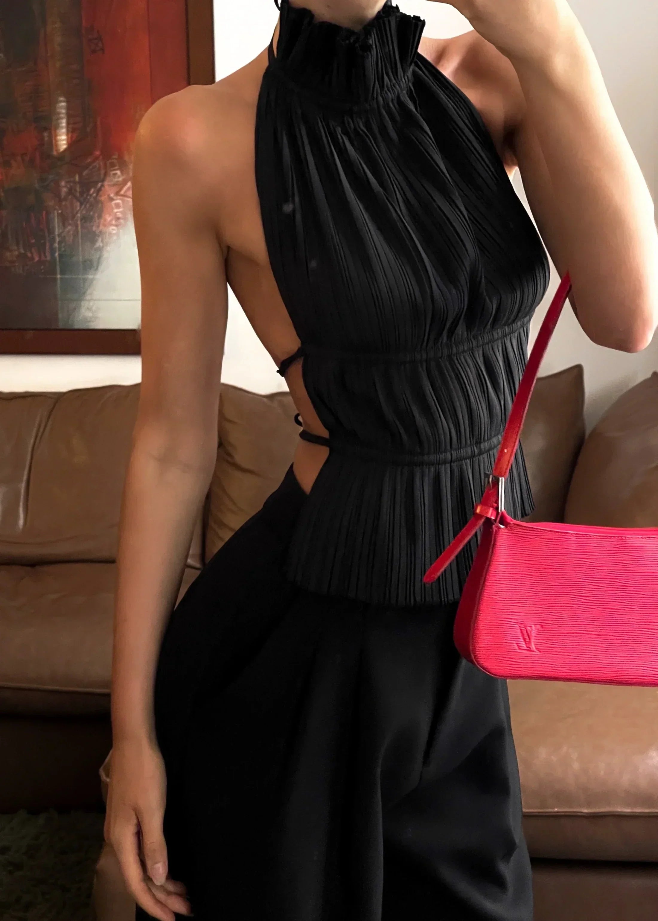 Olivienne – Pleated Backless Top with Neck Tie