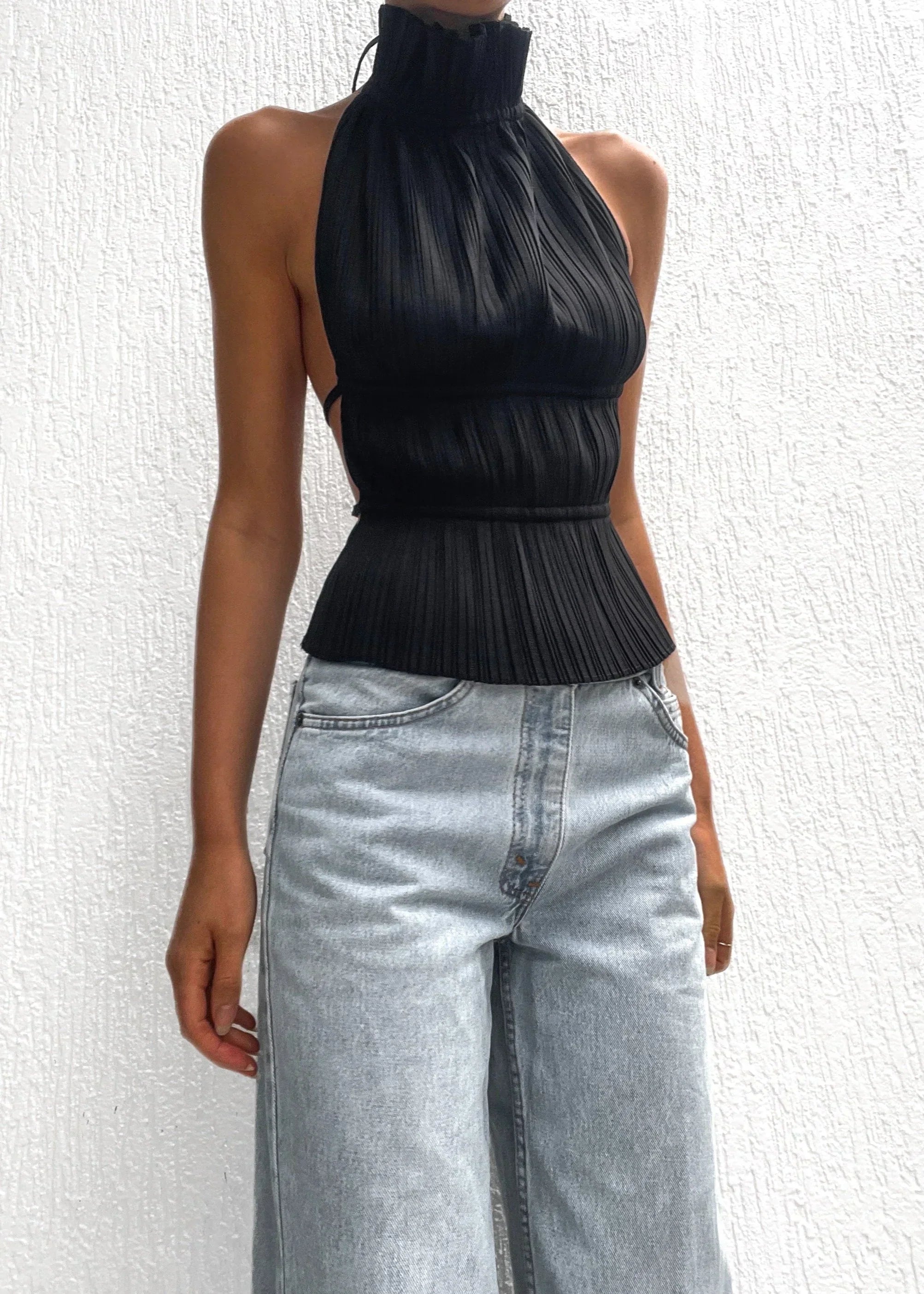 Olivienne – Pleated Backless Top with Neck Tie