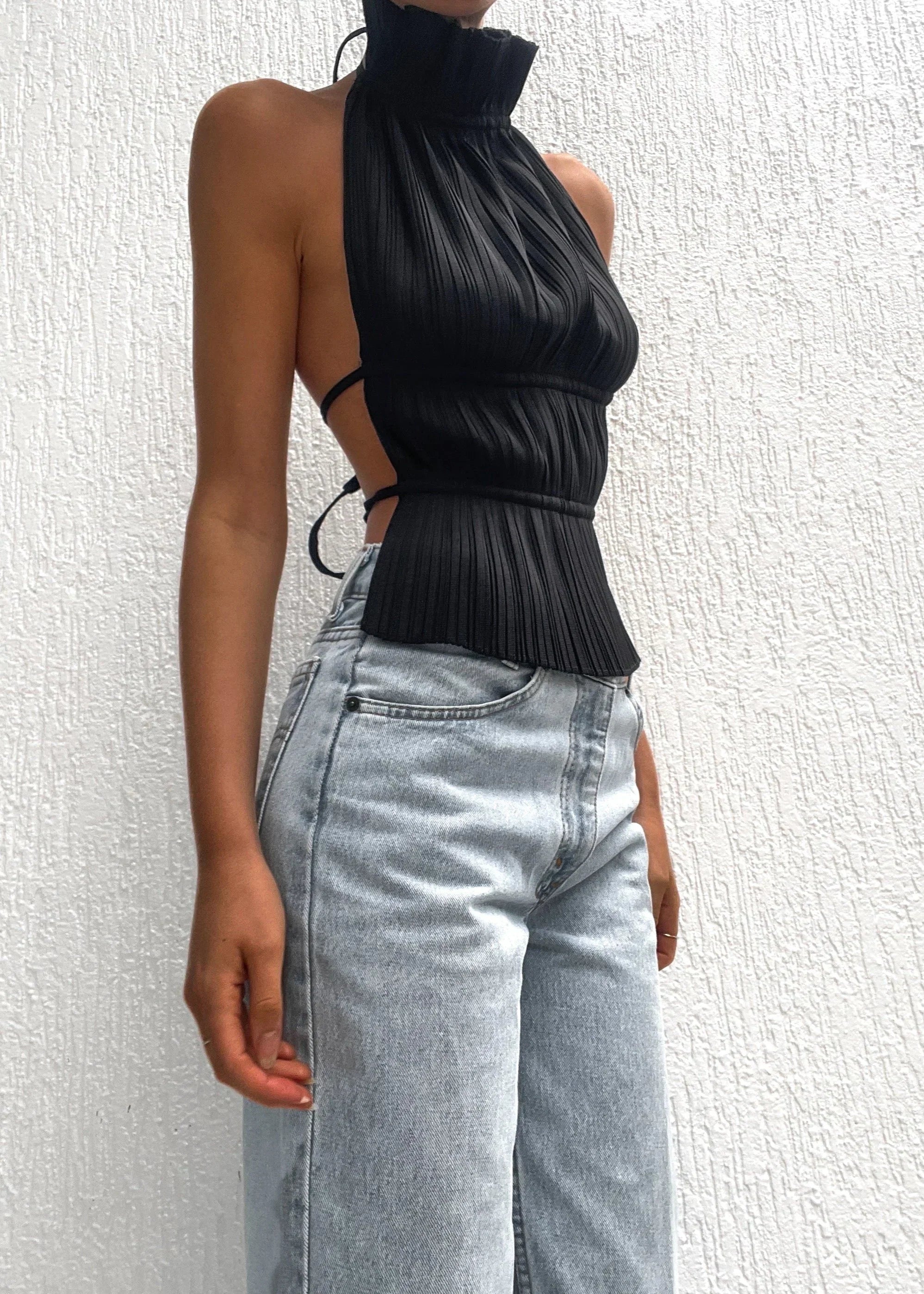 Olivienne – Pleated Backless Top with Neck Tie
