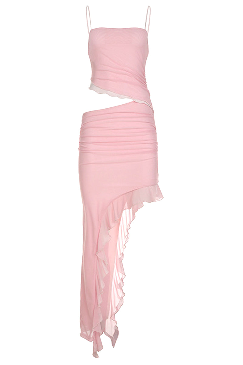 Spaghetti Strap Mesh Cutout Irregular Ruffle Maxi Dress