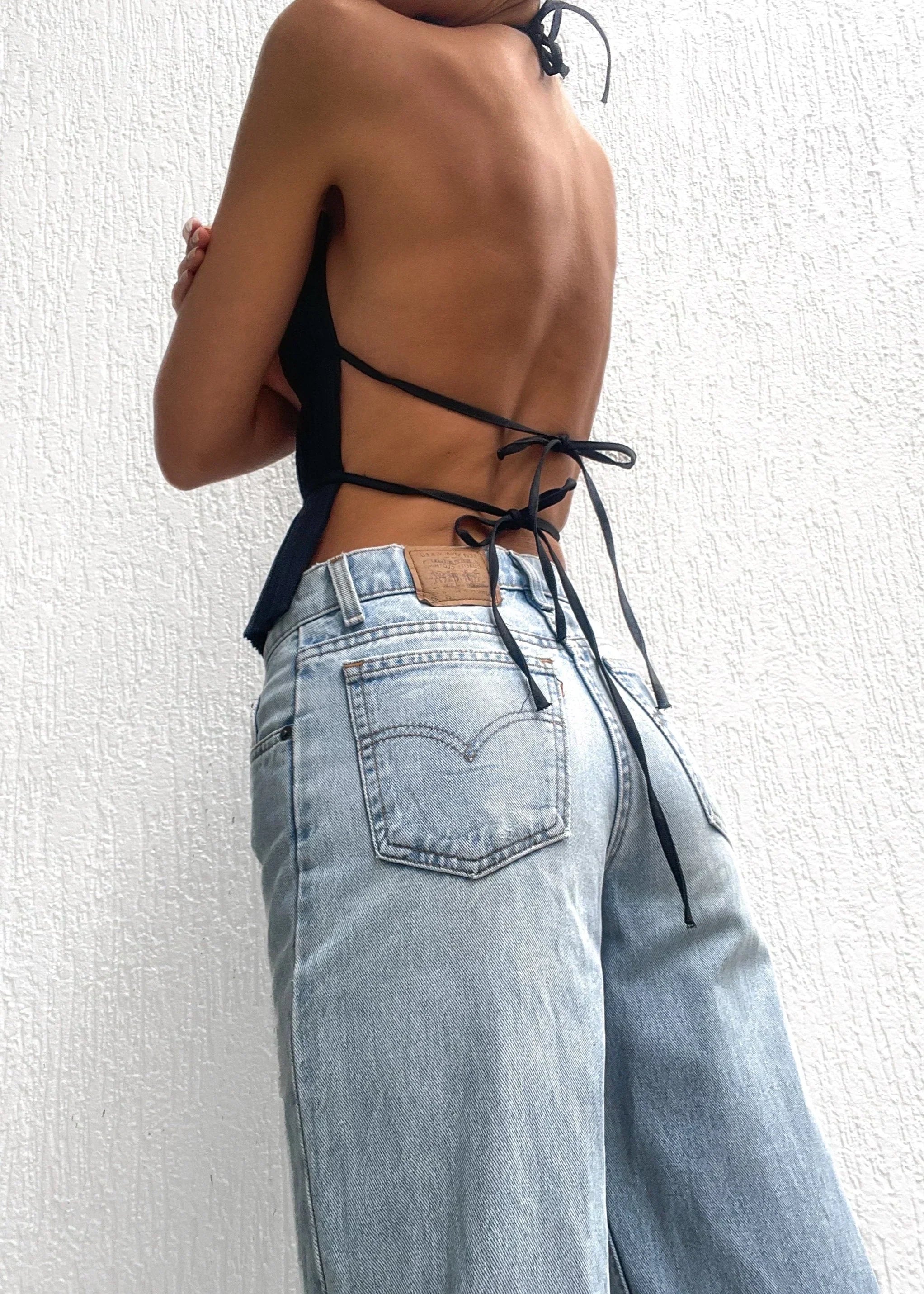 Olivienne – Pleated Backless Top with Neck Tie