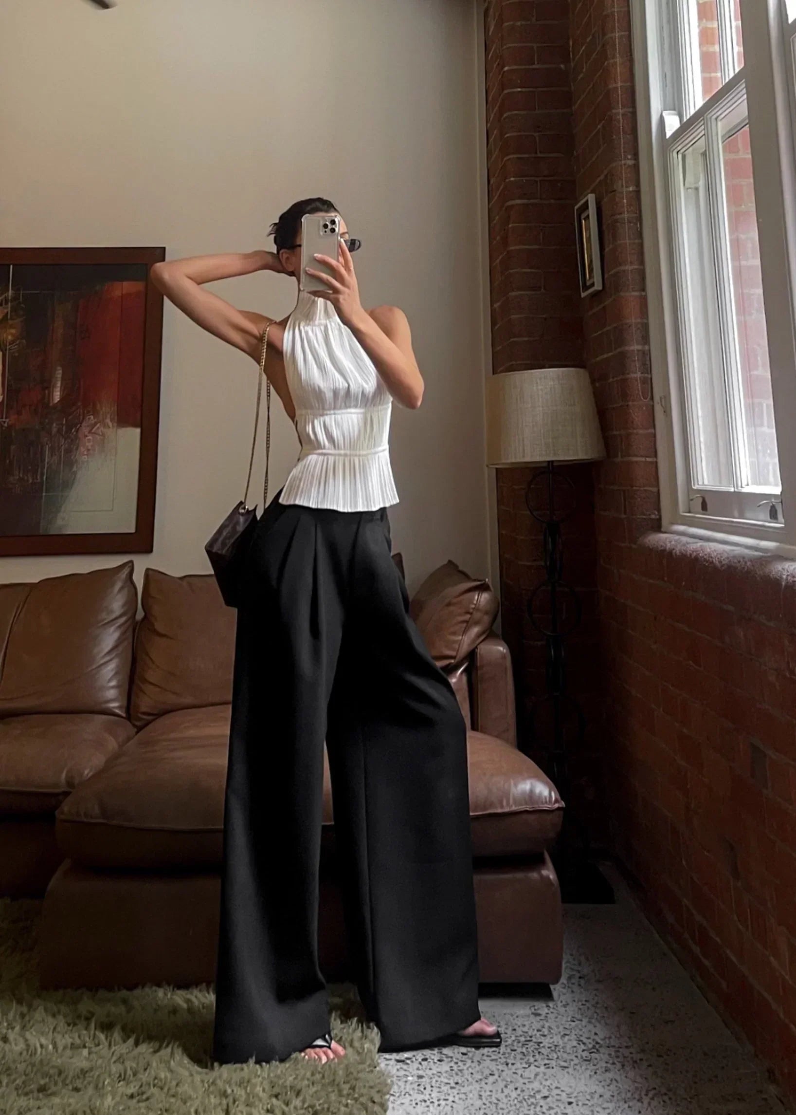 Olivienne – Pleated Backless Top with Neck Tie